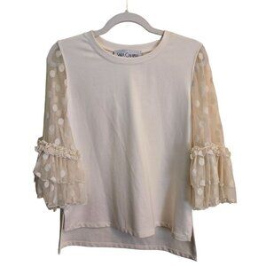 Sara Campbell Cream Polka Dot Ruffled Sheer 3/4 Sleeve Jersey Size S